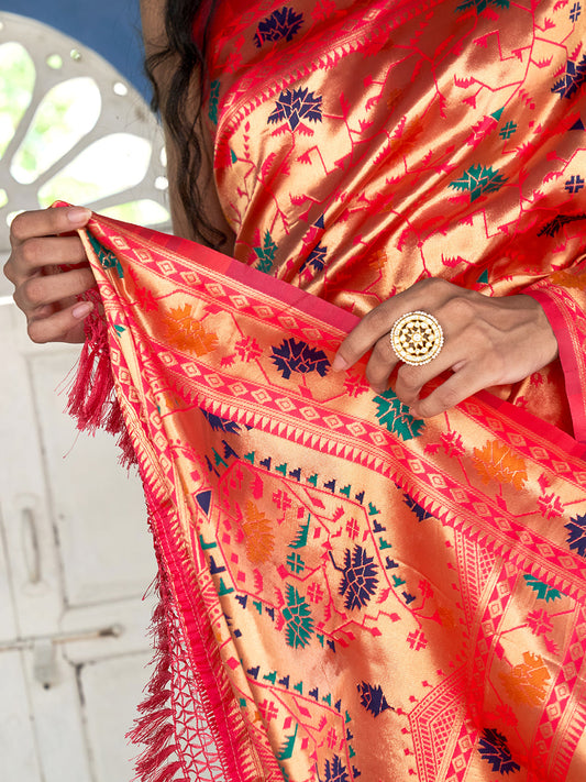 Janasya Pink Paithani Silk Woven Ethnic Motifs Paithani Silk Saree | Swadesiicart