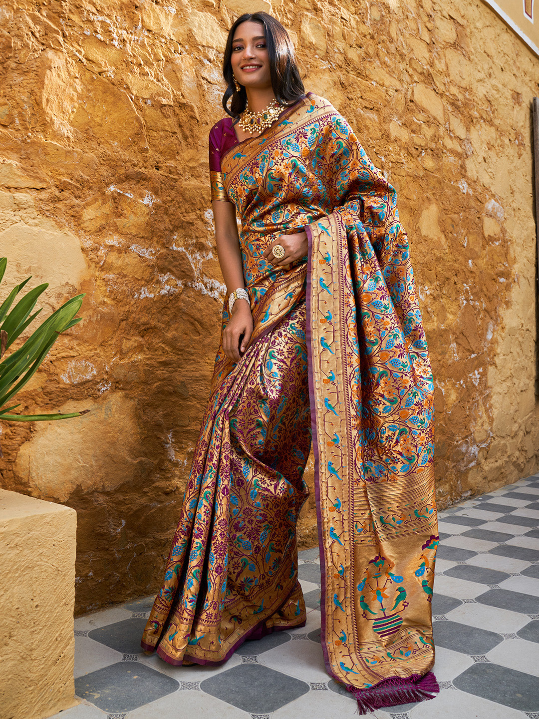 Janasya Wine Paithani Silk Woven Bagh Design Paithani Silk Saree | Swadesiicart