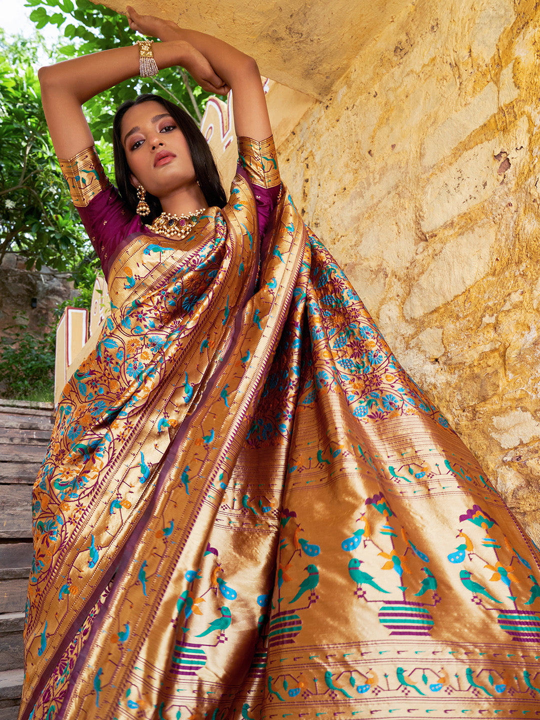 Janasya Wine Paithani Silk Woven Bagh Design Paithani Silk Saree | Swadesiicart