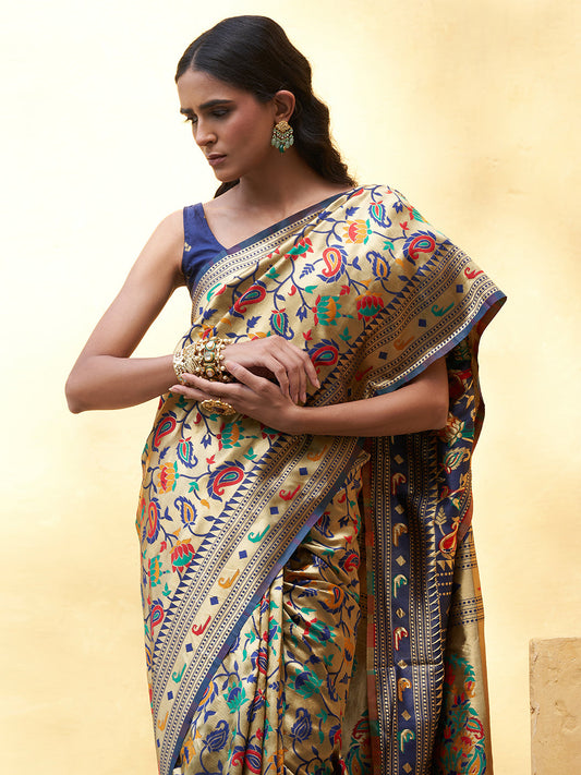 Janasya Golden Paithani Silk Woven Floral Design Paithani Silk Saree | Swadesiicart