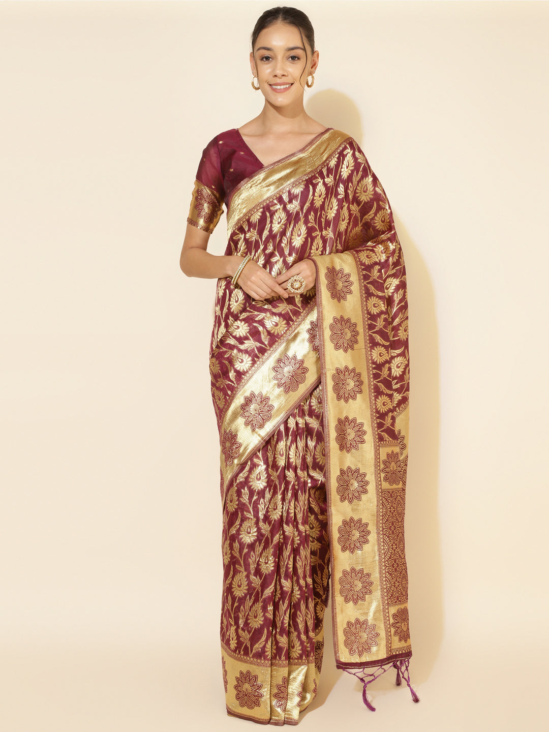 Janasya Wine Chanderi Silk Woven Paisley Chanderi Silk Saree | Swadesiicart