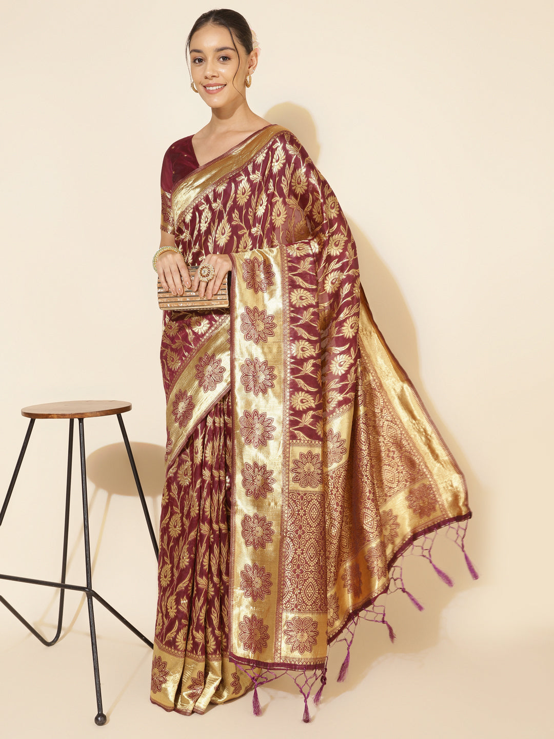 Janasya Wine Chanderi Silk Woven Paisley Chanderi Silk Saree | Swadesiicart