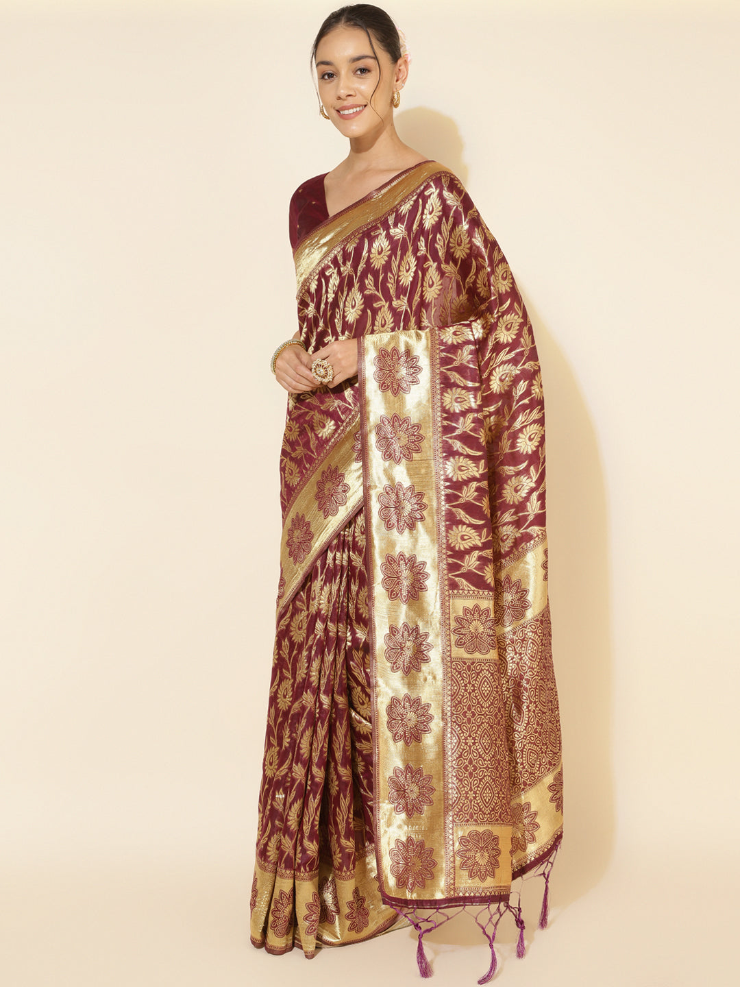 Janasya Wine Chanderi Silk Woven Paisley Chanderi Silk Saree | Swadesiicart