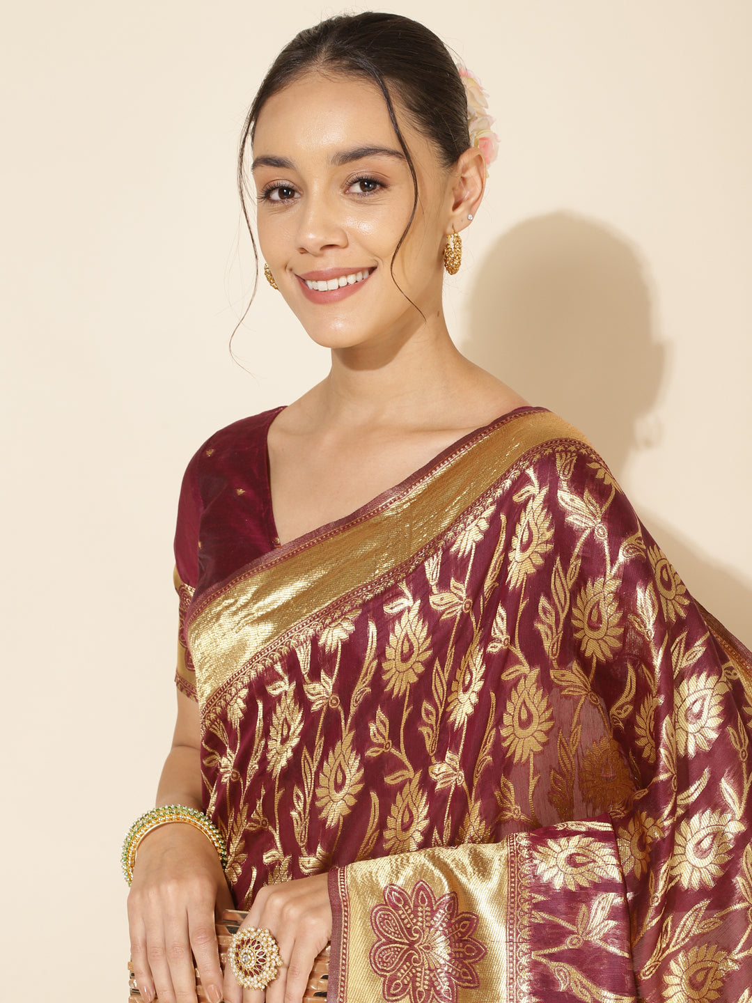 Janasya Wine Chanderi Silk Woven Paisley Chanderi Silk Saree | Swadesiicart