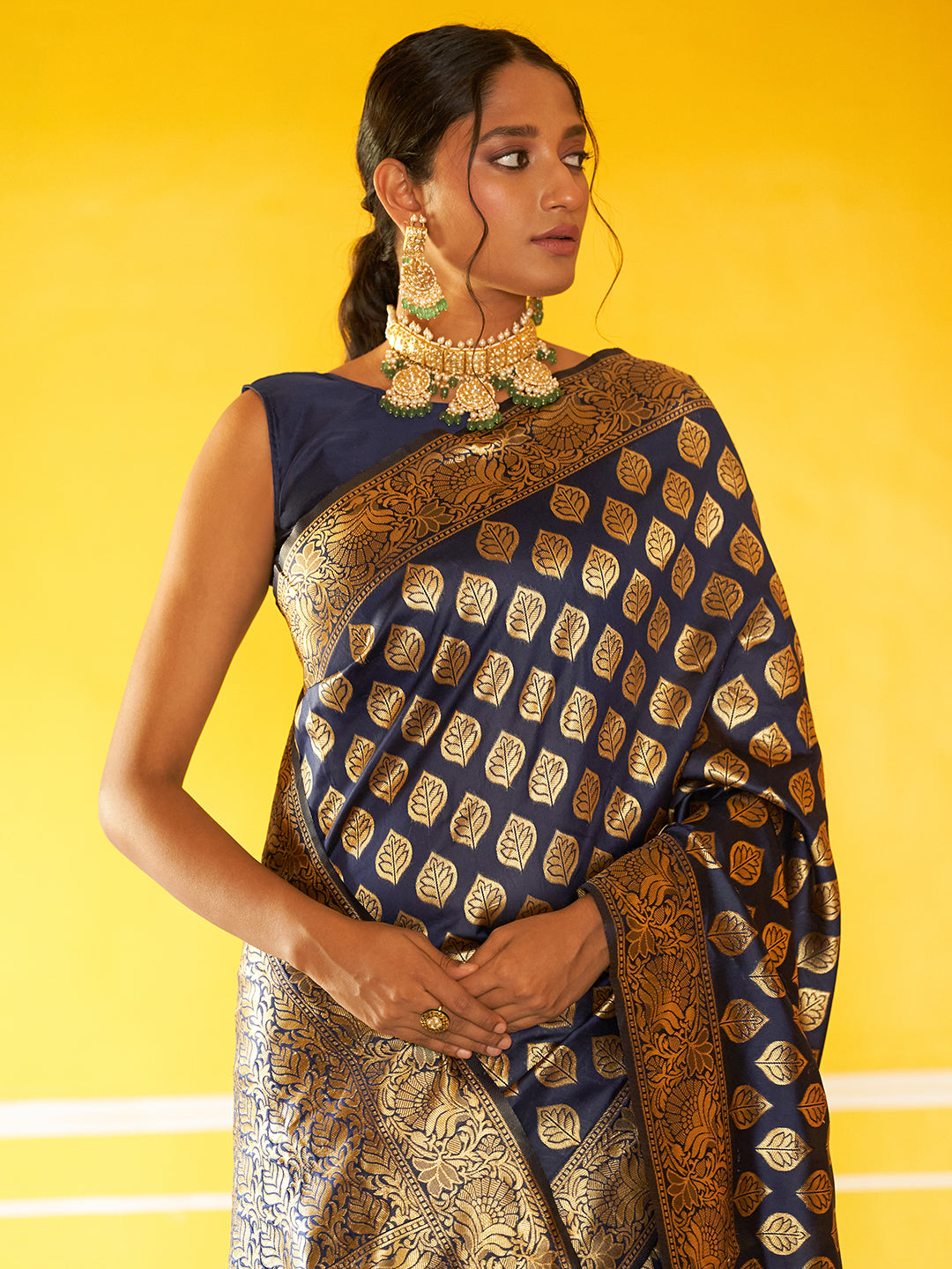Janasya Navy Blue Banarasi Silk Woven Ethnic Motifs Banarasi Silk Saree | Swadesiicart