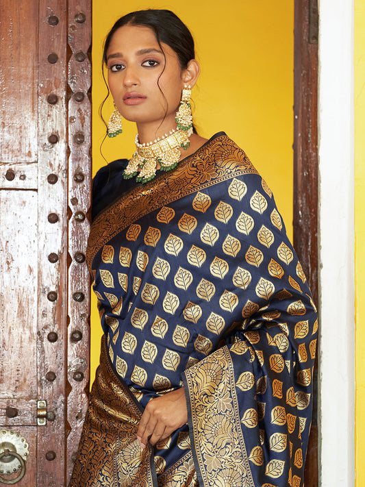 Janasya Navy Blue Banarasi Silk Woven Ethnic Motifs Banarasi Silk Saree | Swadesiicart