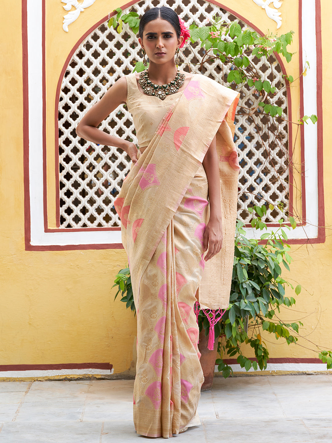 Janasya Cream Chanderi Silk Ethnic Motifs Woven Design Saree | Swadesiicart