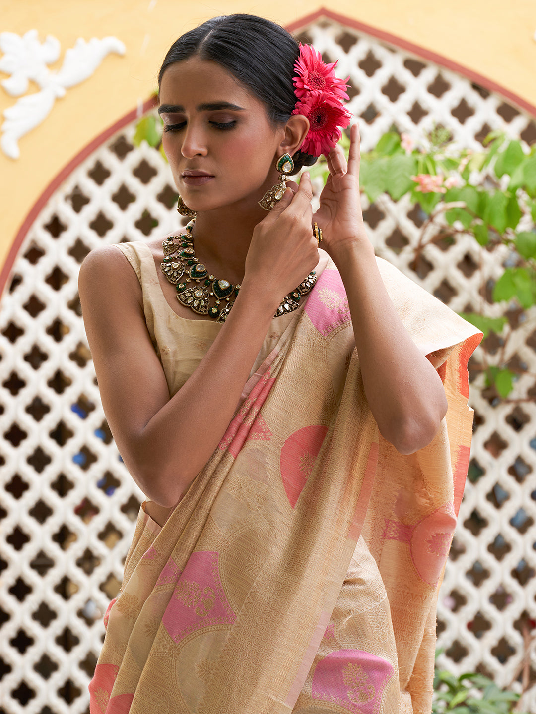 Janasya Cream Chanderi Silk Ethnic Motifs Woven Design Saree | Swadesiicart