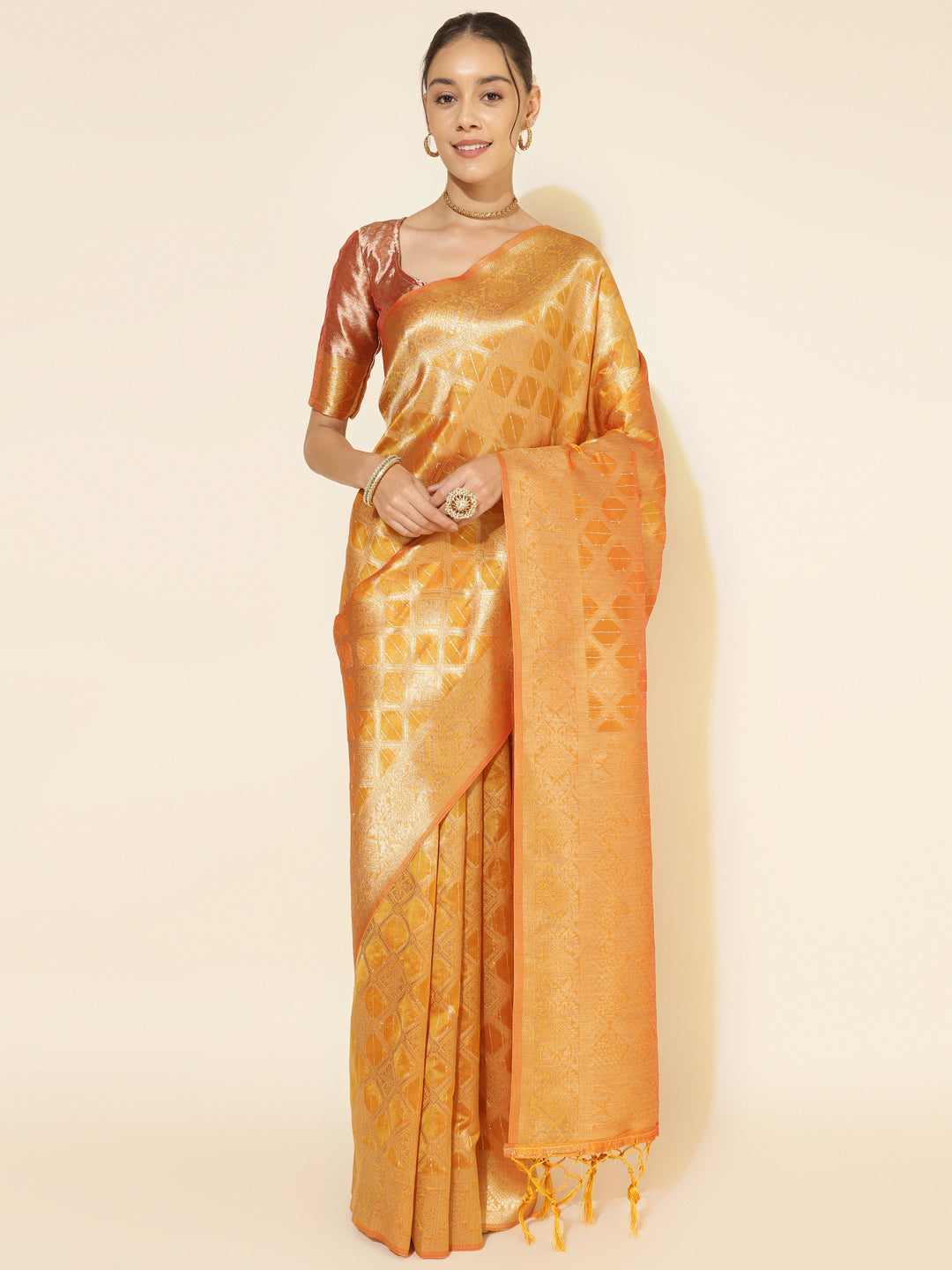 Janasya Yellow Organza Woven Ethnic Motifs Kanjeevaram Saree | Swadesiicart