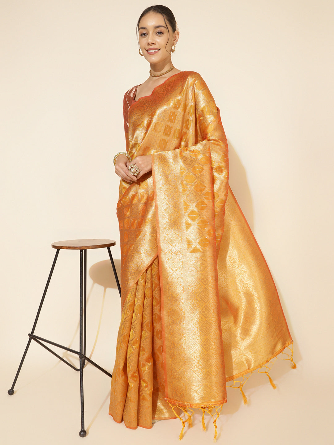 Janasya Yellow Organza Woven Ethnic Motifs Kanjeevaram Saree | Swadesiicart