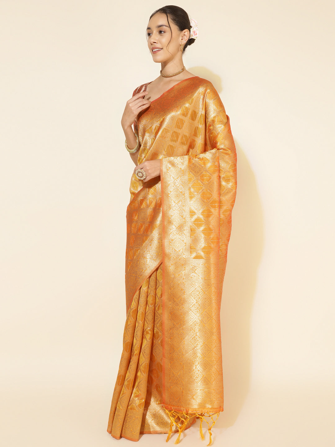 Janasya Yellow Organza Woven Ethnic Motifs Kanjeevaram Saree | Swadesiicart