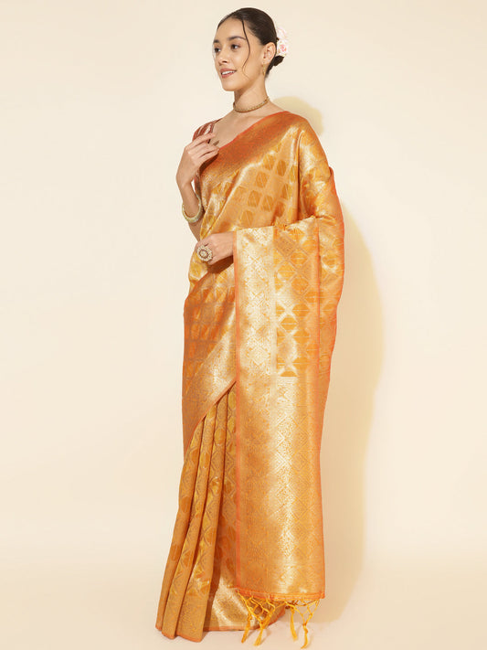 Janasya Yellow Organza Woven Ethnic Motifs Kanjeevaram Saree | Swadesiicart