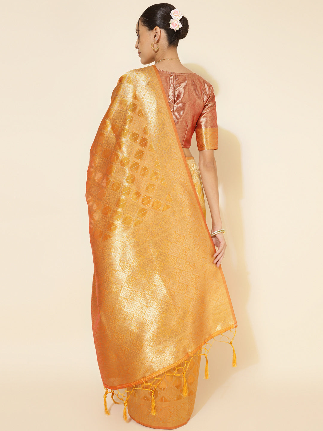 Janasya Yellow Organza Woven Ethnic Motifs Kanjeevaram Saree | Swadesiicart