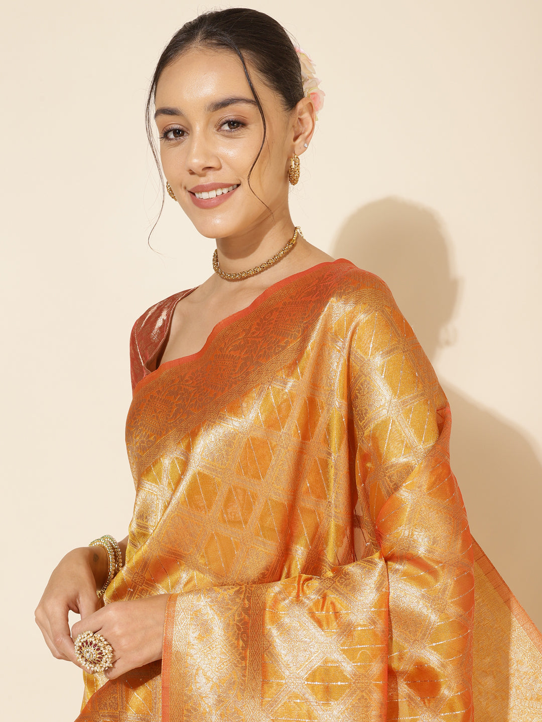 Janasya Yellow Organza Woven Ethnic Motifs Kanjeevaram Saree | Swadesiicart