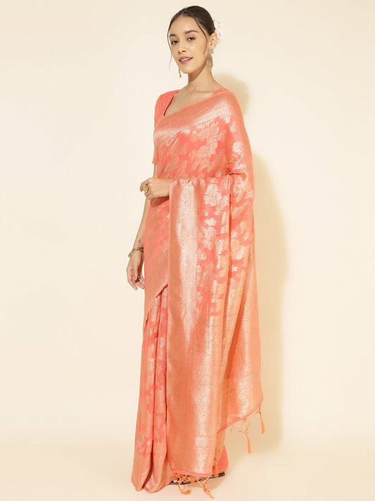 Janasya Peach Chanderi Silk Floral Woven Design Saree | Swadesiicart
