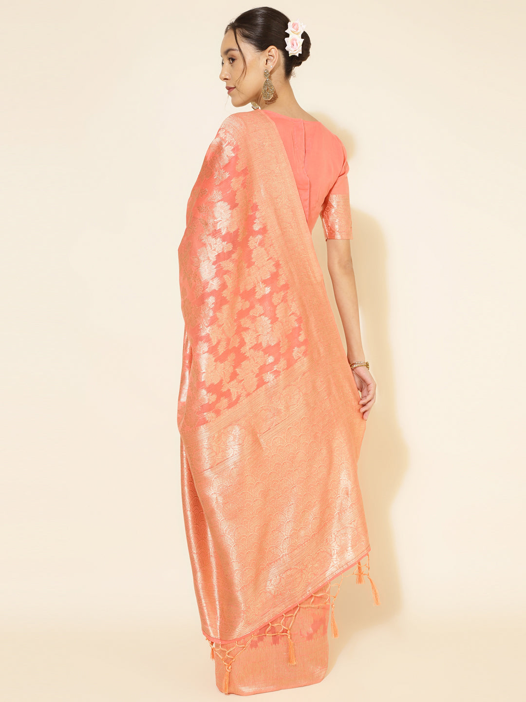 Janasya Peach Chanderi Silk Floral Woven Design Saree | Swadesiicart