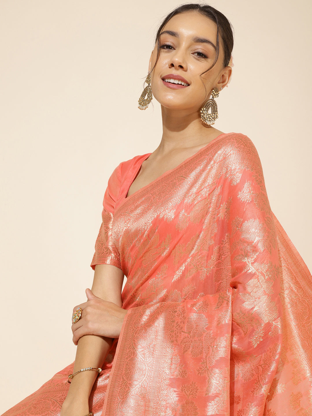 Janasya Peach Chanderi Silk Floral Woven Design Saree | Swadesiicart