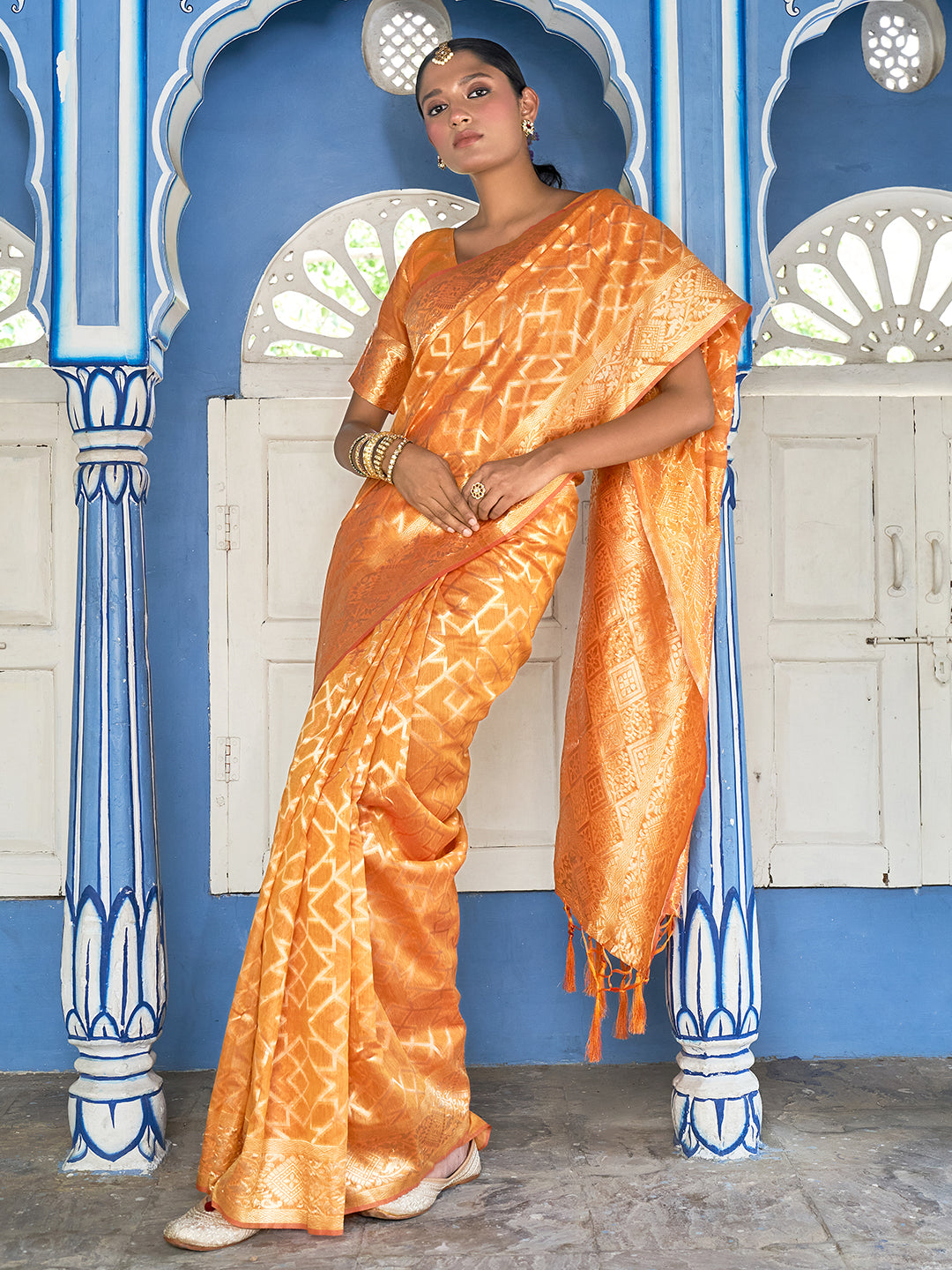 Janasya Yellow Chanderi Silk Woven Geometric Chanderi Silk Saree | Swadesiicart