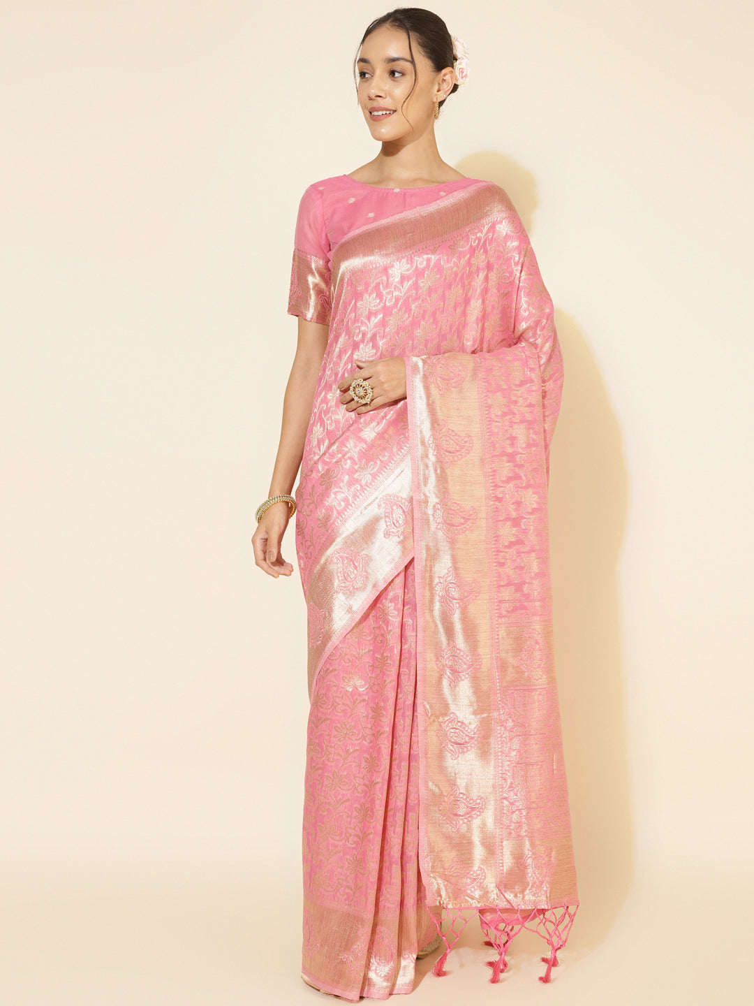 Janasya Light Pink Chanderi Silk Floral Woven Design Saree | Swadesiicart