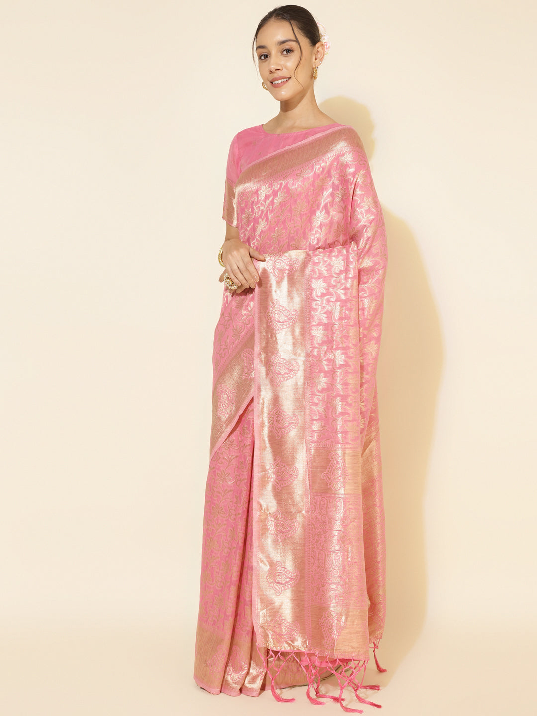 Janasya Light Pink Chanderi Silk Floral Woven Design Saree | Swadesiicart