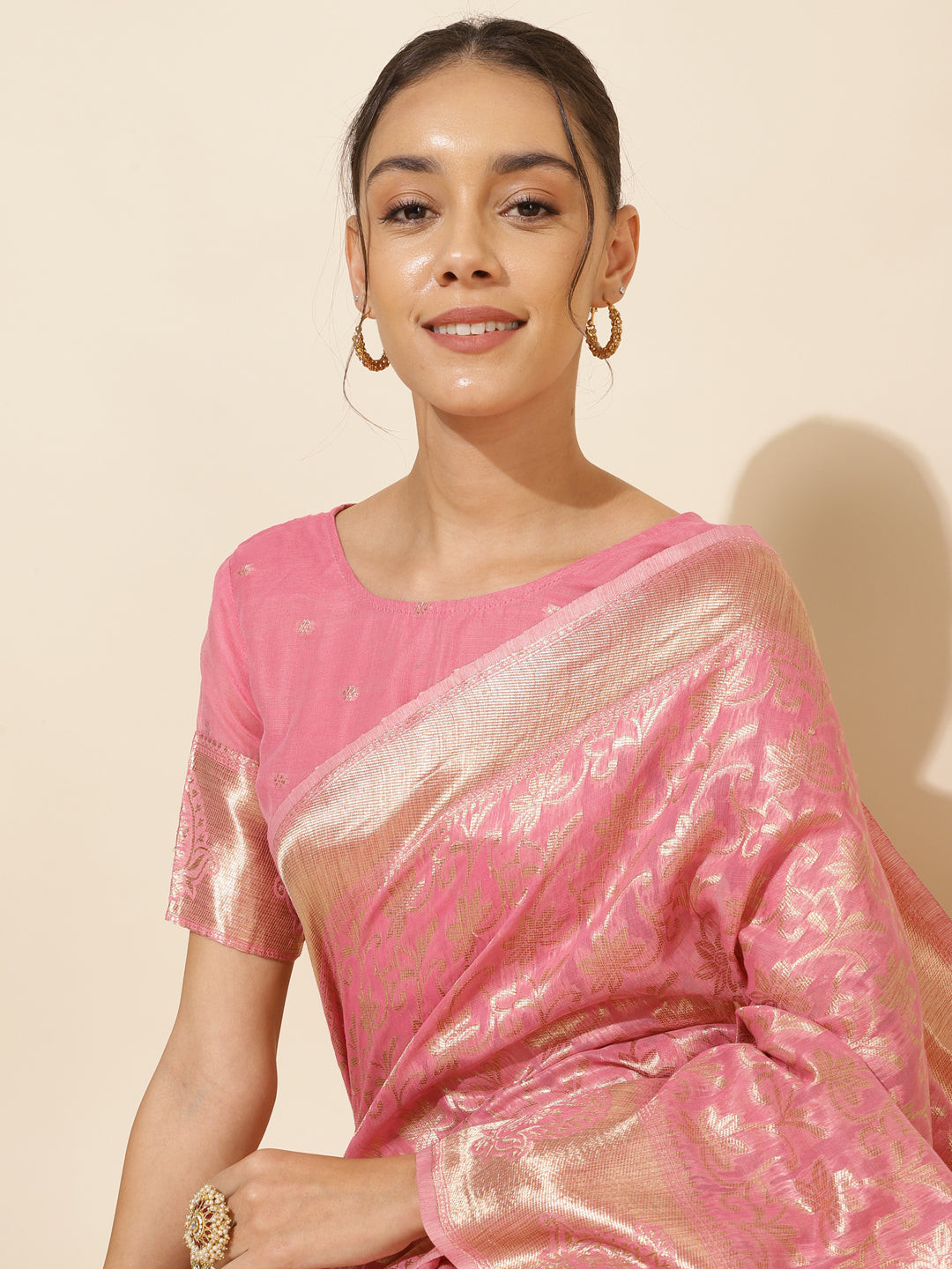 Janasya Light Pink Chanderi Silk Floral Woven Design Saree | Swadesiicart