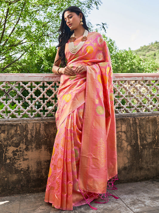 Janasya Light Pink Banarasi Silk Woven Floral Design Banarasi Saree | Swadesiicart