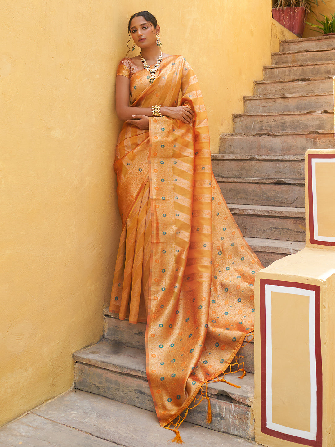 Janasya Yellow Organza Woven Leheriya Kanjeevaram Saree | Swadesiicart