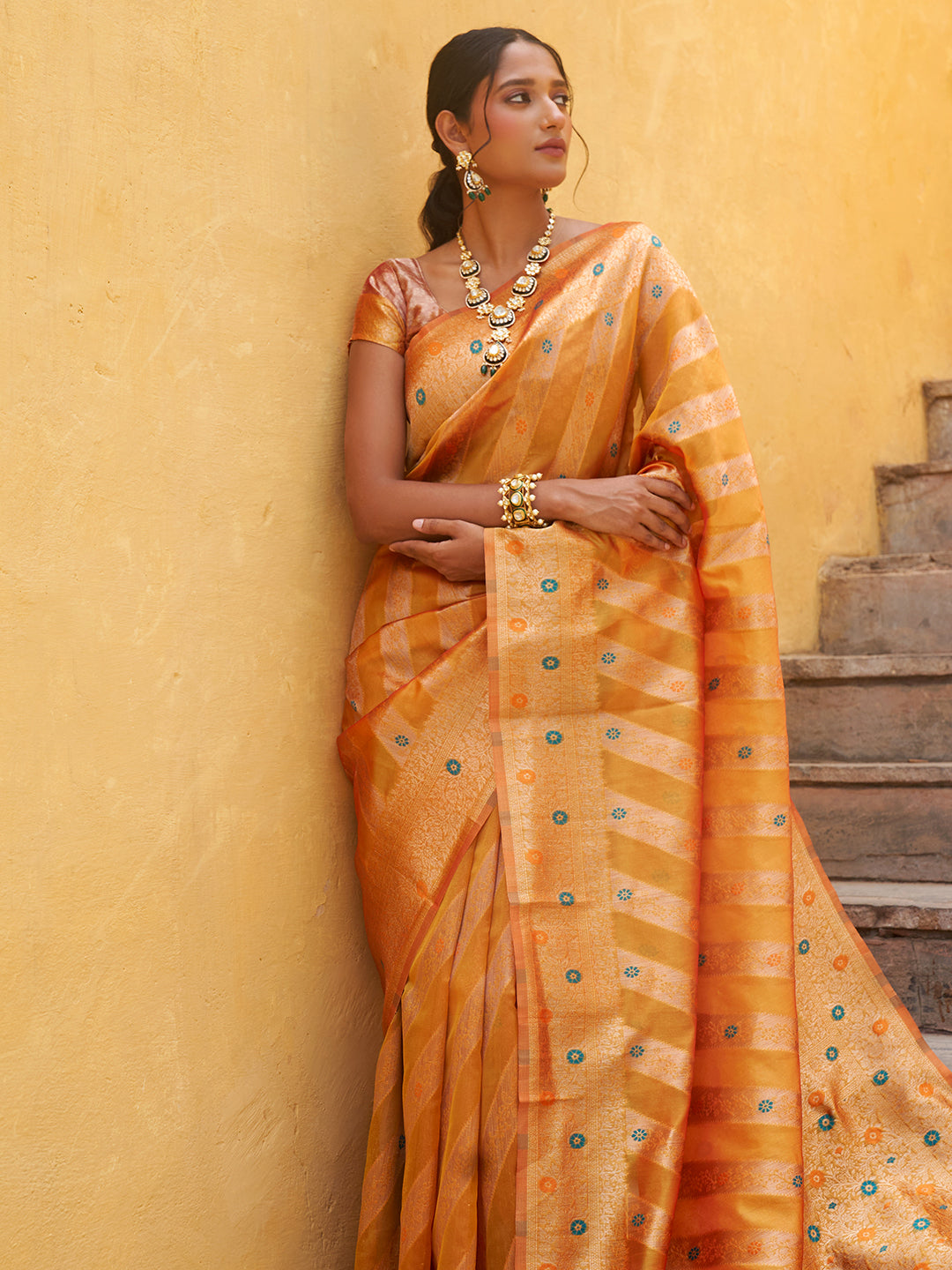 Janasya Yellow Organza Woven Leheriya Kanjeevaram Saree | Swadesiicart