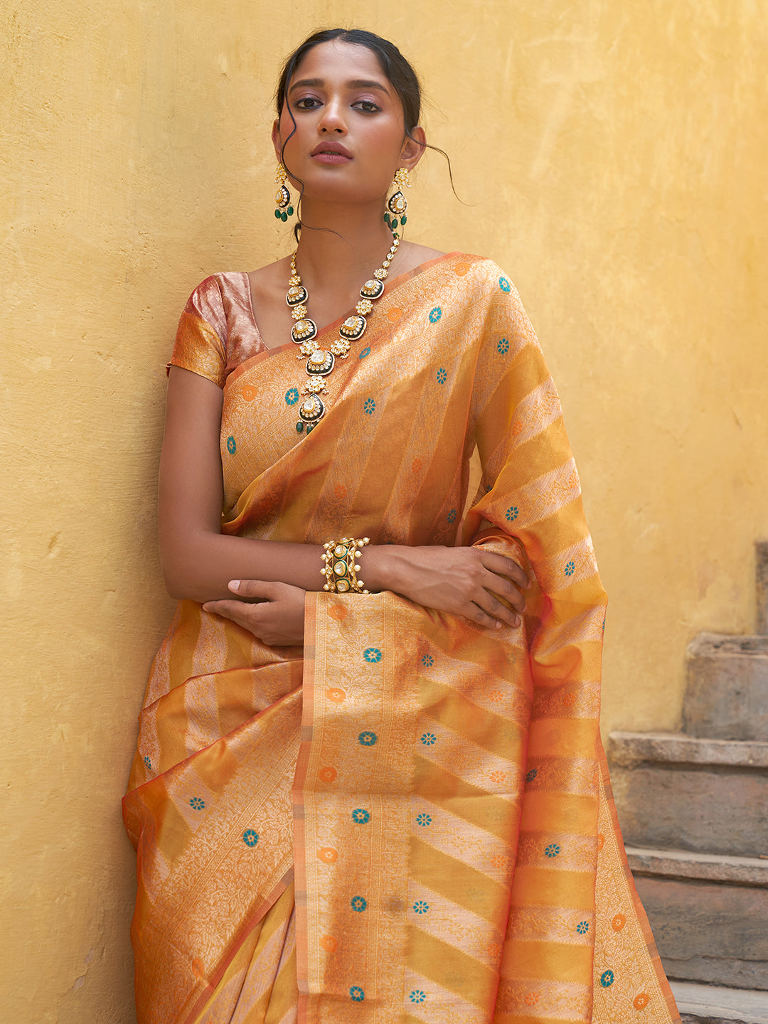Janasya Yellow Organza Woven Leheriya Kanjeevaram Saree | Swadesiicart