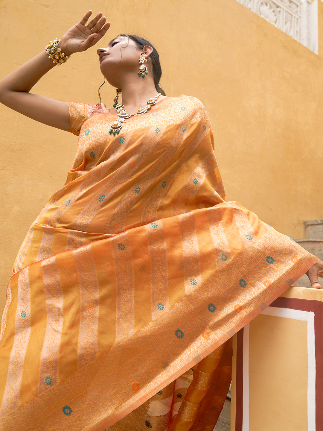 Janasya Yellow Organza Woven Leheriya Kanjeevaram Saree | Swadesiicart