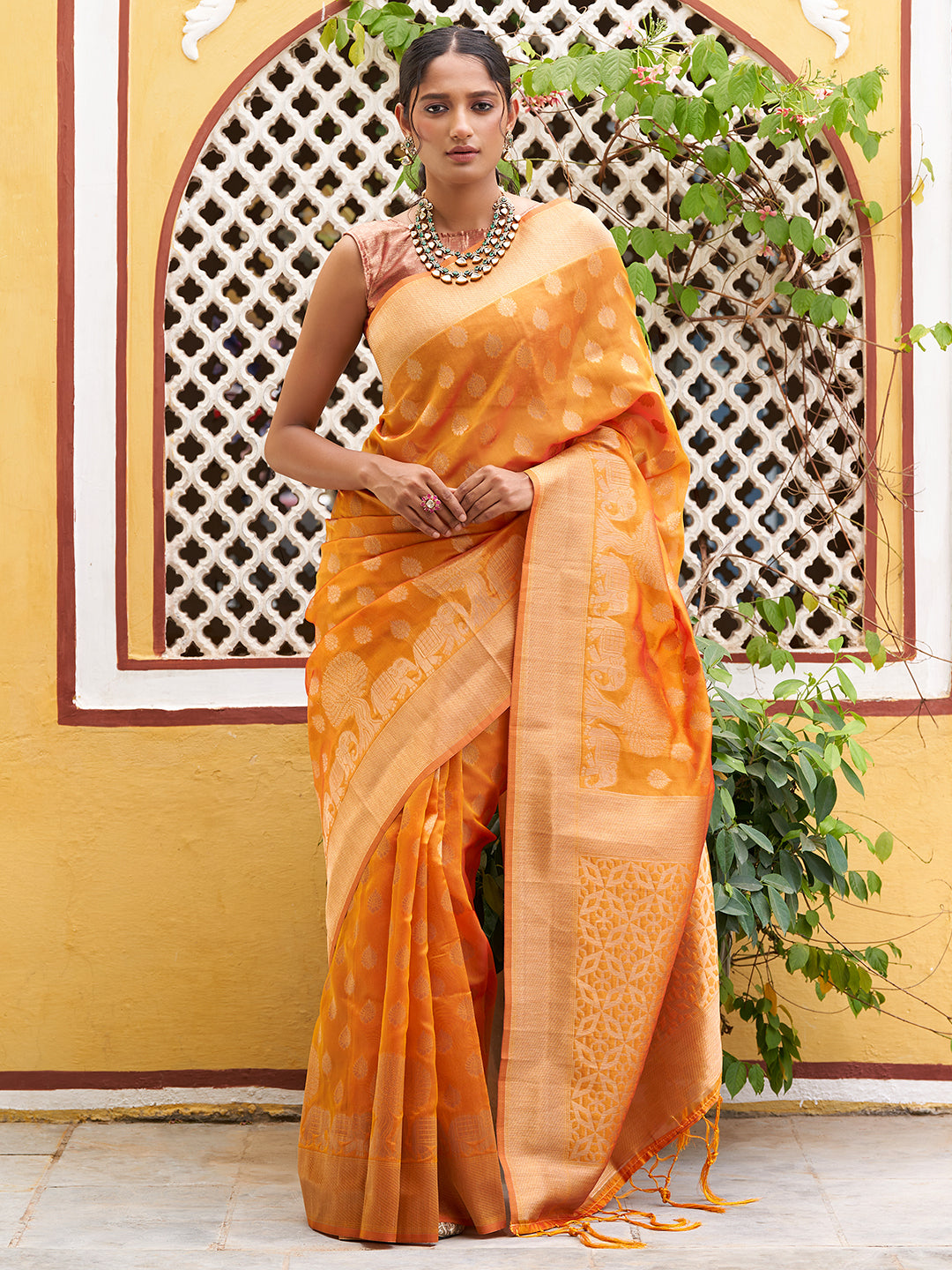Janasya Yellow Organza Woven Dual Tone Ethnic Motif Design Kanjeevaram Saree | Swadesiicart