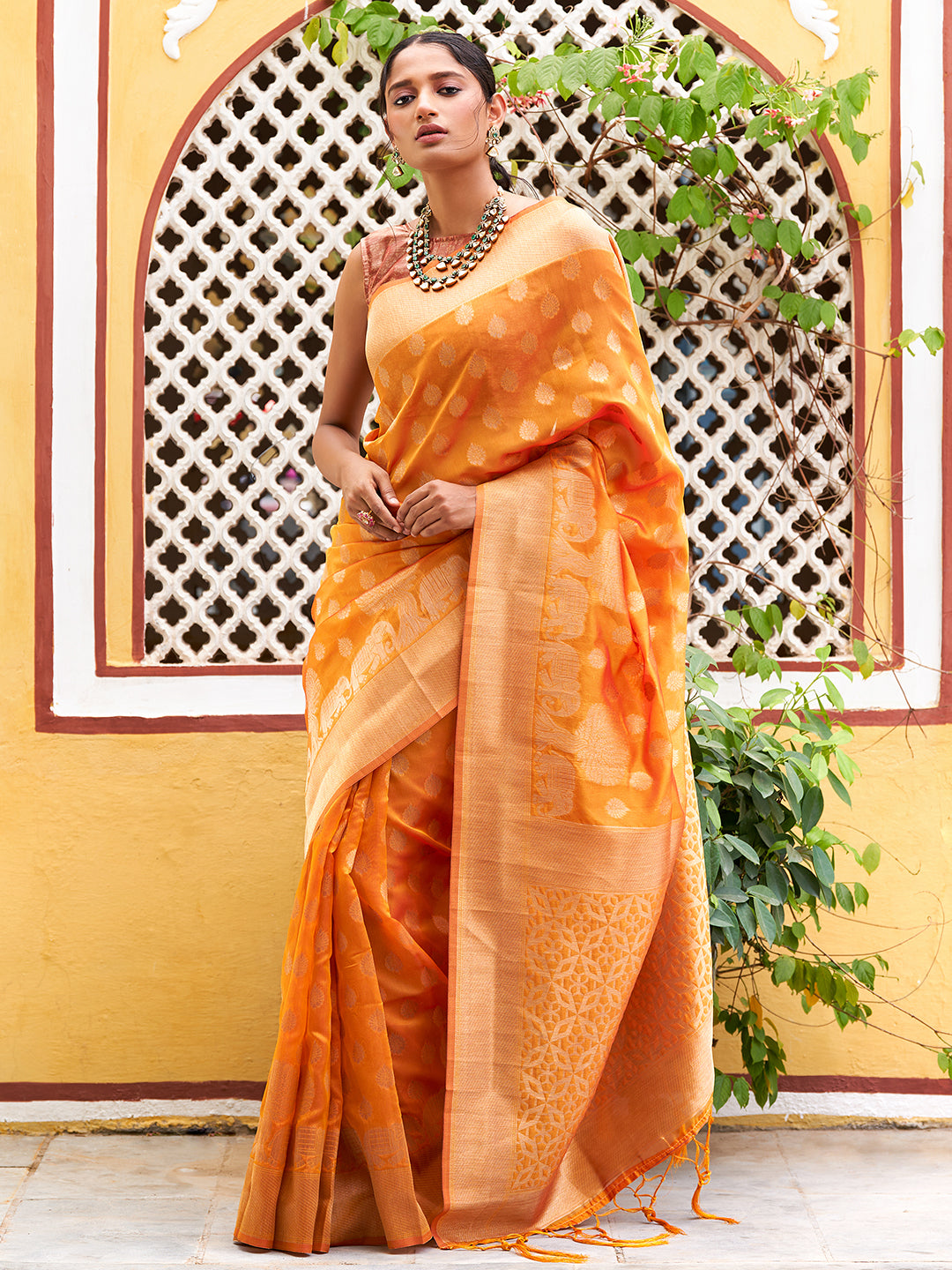 Janasya Yellow Organza Woven Dual Tone Ethnic Motif Design Kanjeevaram Saree | Swadesiicart