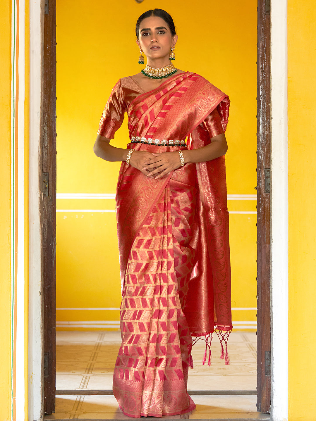 Janasya Pink Organza Woven Geometric Design Kanjeevaram Saree | Swadesiicart