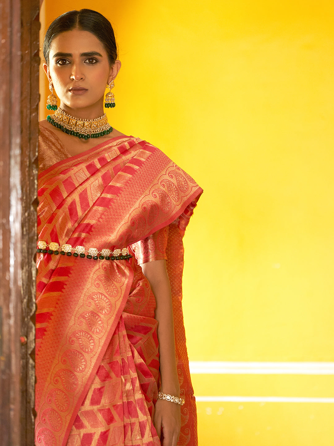 Janasya Pink Organza Woven Geometric Design Kanjeevaram Saree | Swadesiicart