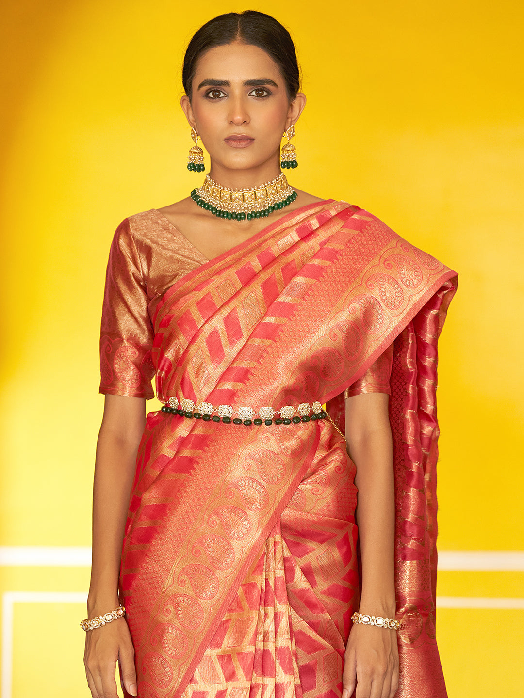 Janasya Pink Organza Woven Geometric Design Kanjeevaram Saree | Swadesiicart