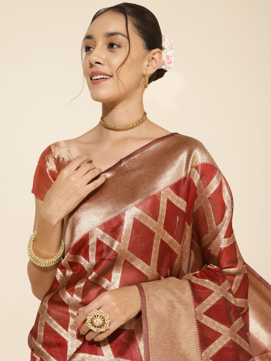 Janasya Maroon Organza Floral Saree | Swadesiicart