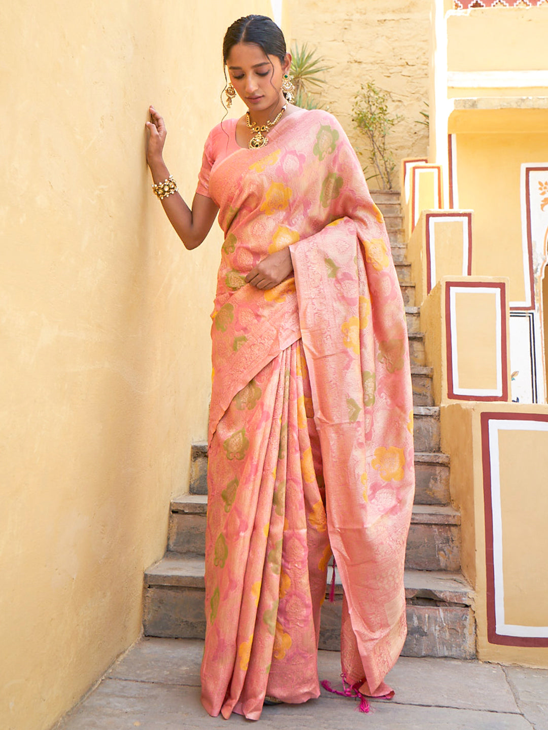 Janasya Light Pink Chanderi Silk Ethnic Motifs Woven Design Saree | Swadesiicart