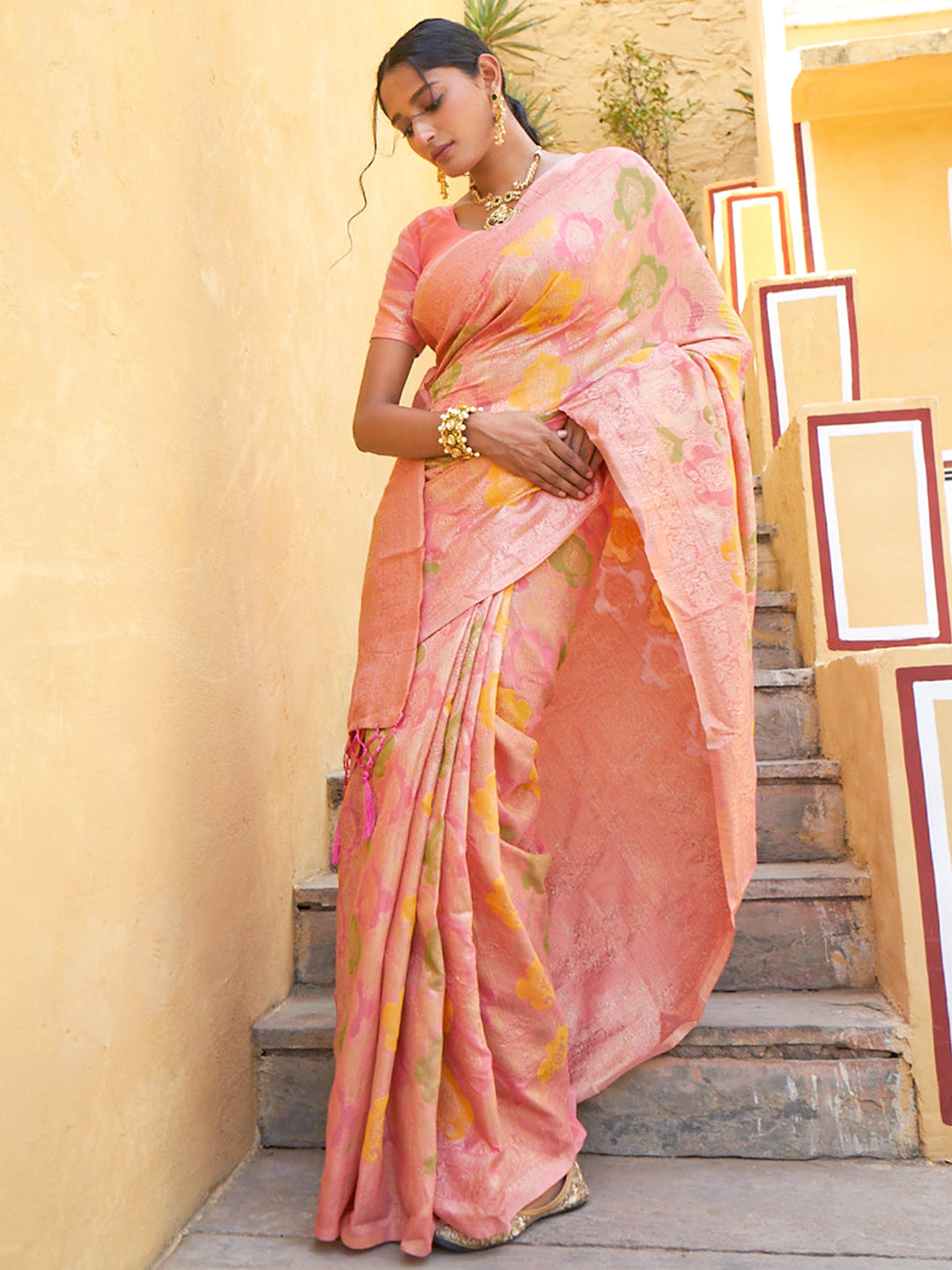 Janasya Light Pink Chanderi Silk Ethnic Motifs Woven Design Saree | Swadesiicart