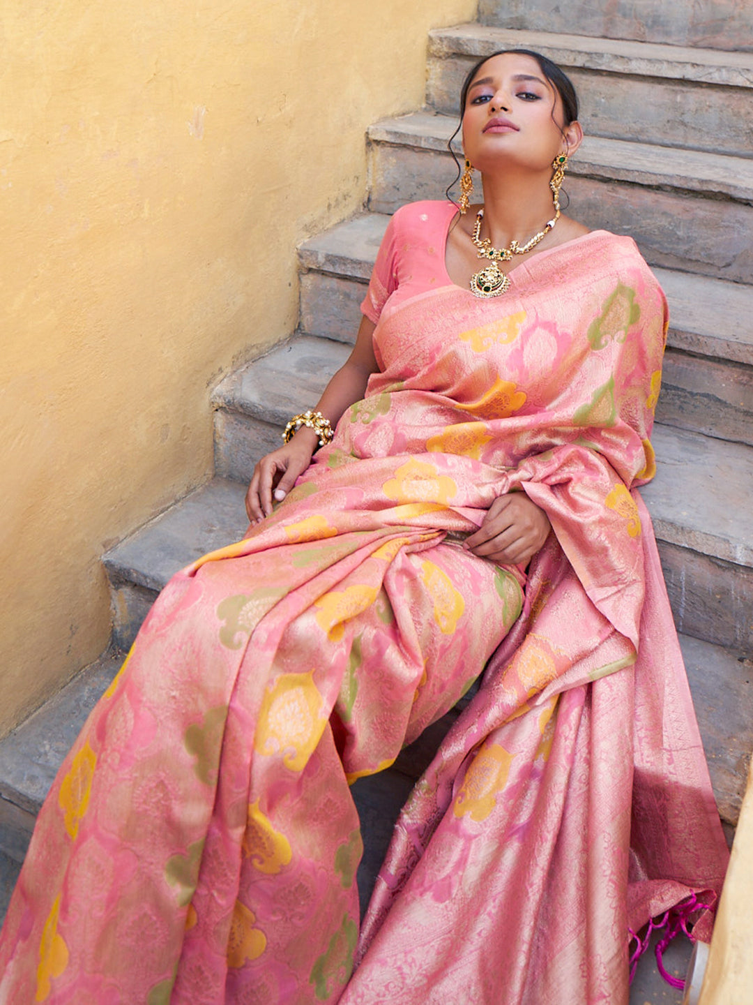 Janasya Light Pink Chanderi Silk Ethnic Motifs Woven Design Saree | Swadesiicart