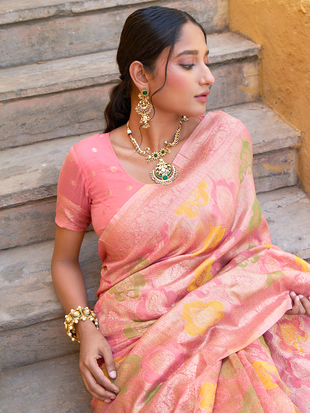 Janasya Light Pink Chanderi Silk Ethnic Motifs Woven Design Saree | Swadesiicart