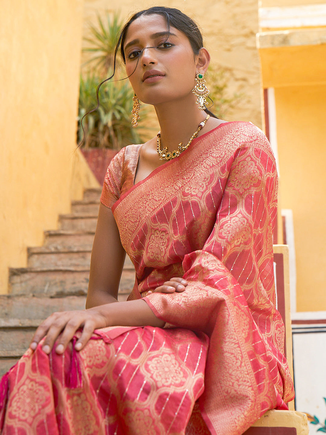 Janasya Pink Organza Woven Ethnic Motifs Kanjeevaram Saree | Swadesiicart