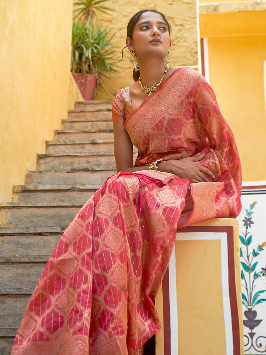 Janasya Pink Organza Woven Ethnic Motifs Kanjeevaram Saree | Swadesiicart