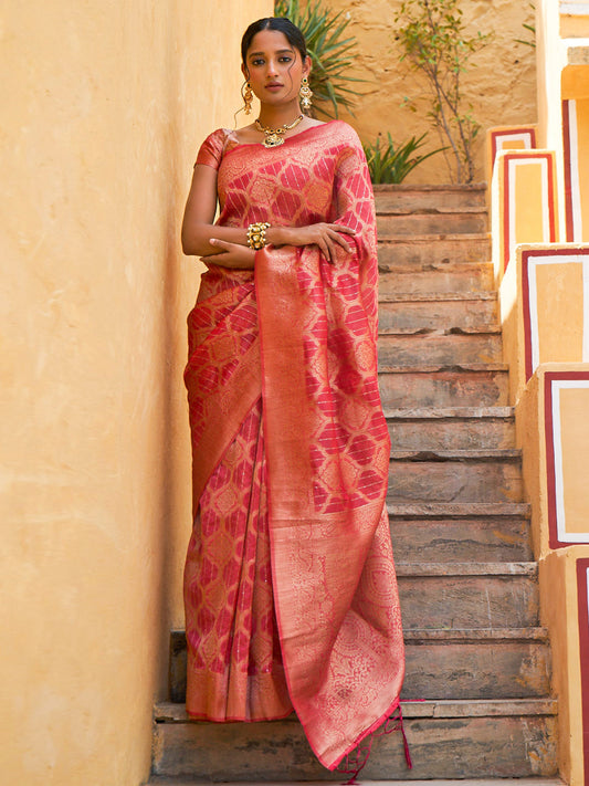 Janasya Pink Organza Woven Ethnic Motifs Kanjeevaram Saree | Swadesiicart