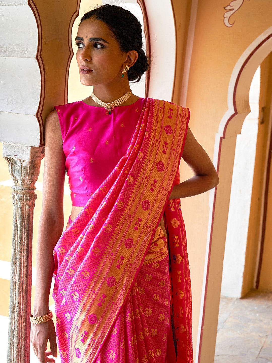 Janasya Fushia Pink Paithani Silk Woven Ethnic Motifs Paithani Silk Saree | Swadesiicart
