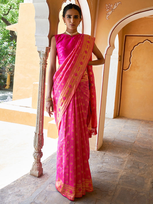 Janasya Fushia Pink Paithani Silk Woven Ethnic Motifs Paithani Silk Saree | Swadesiicart