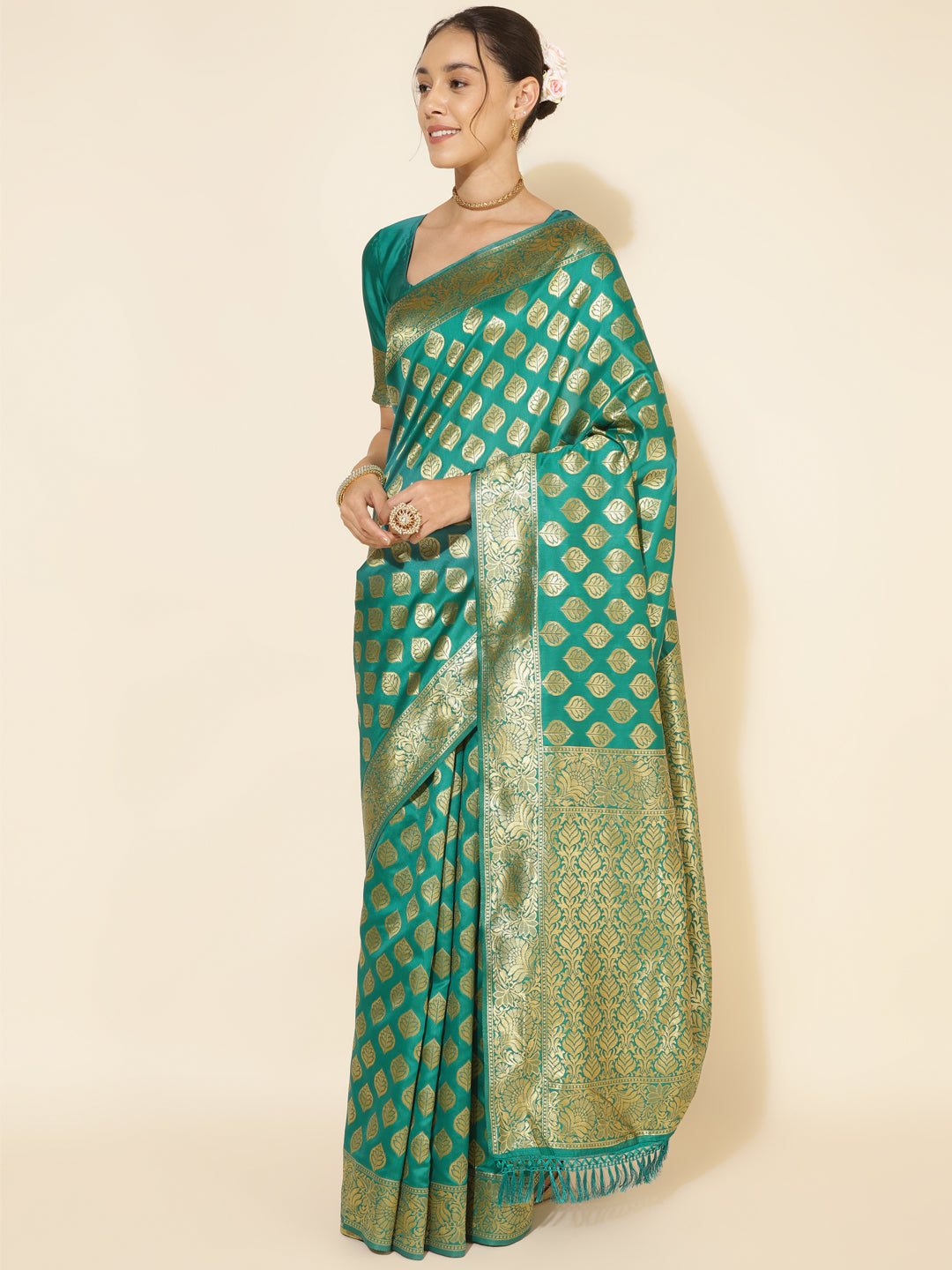 Janasya Rama Green Banarasi Silk Ethnic Motifs Woven Design Saree | Swadesiicart