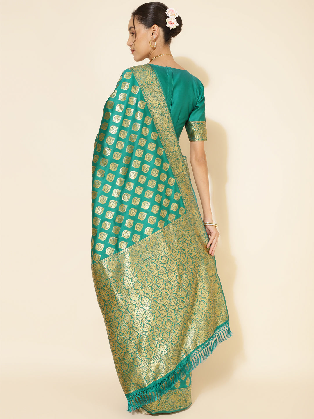 Janasya Rama Green Banarasi Silk Ethnic Motifs Woven Design Saree | Swadesiicart