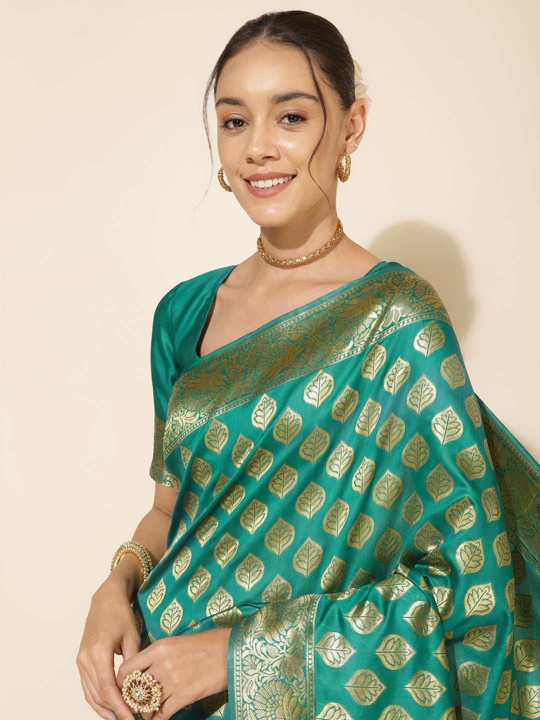 Janasya Rama Green Banarasi Silk Ethnic Motifs Woven Design Saree | Swadesiicart