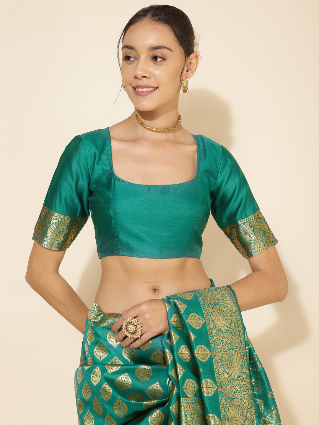 Janasya Rama Green Banarasi Silk Ethnic Motifs Woven Design Saree | Swadesiicart