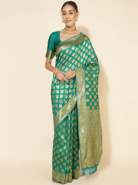 Janasya Rama Green Banarasi Silk Ethnic Motifs Woven Design Saree | Swadesiicart